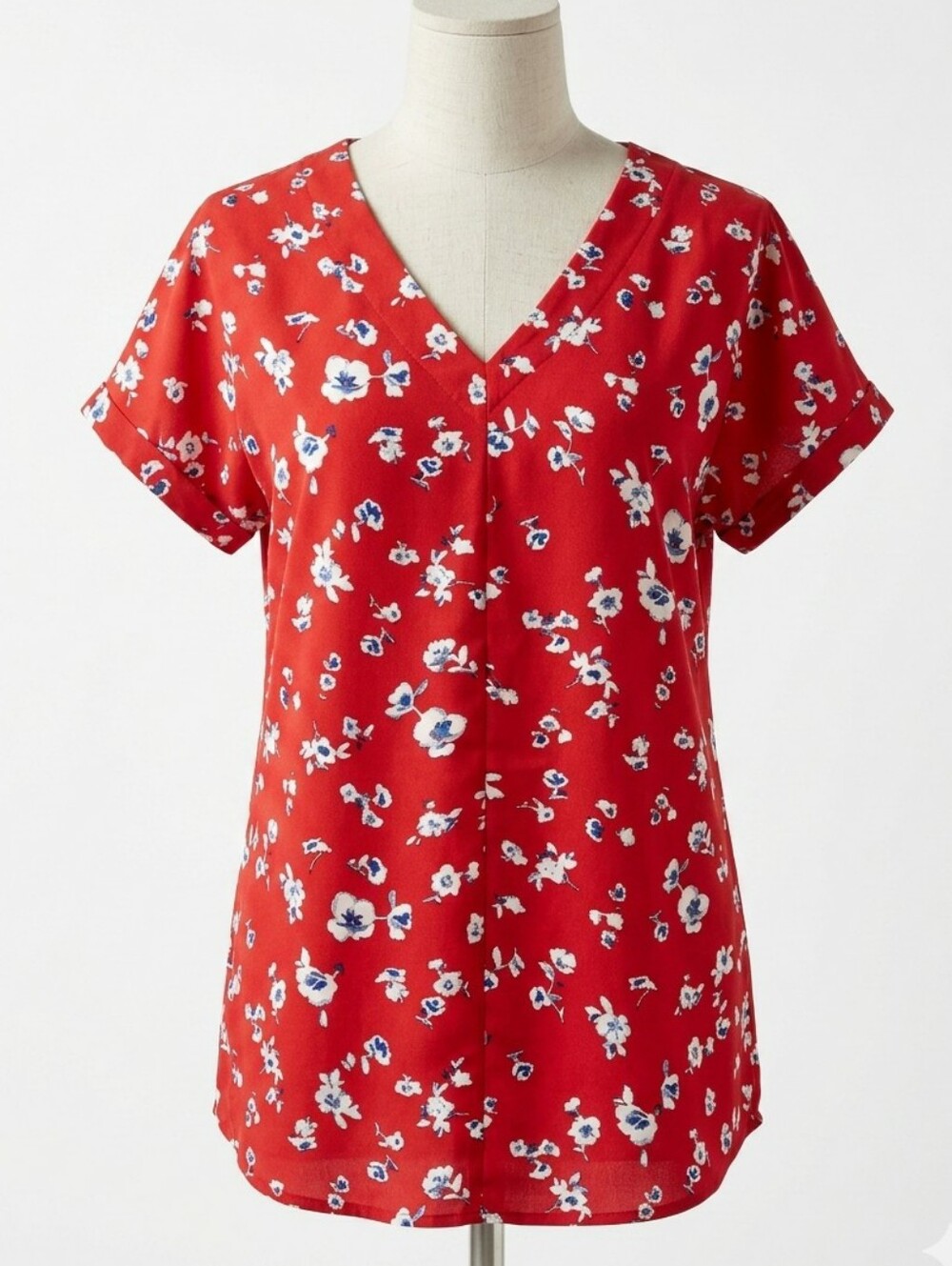 Pleione Anthropologie Floral V-Neck Blouse M Red Short Sleeve Cuffed Dolman Top - Picture 1 of 10